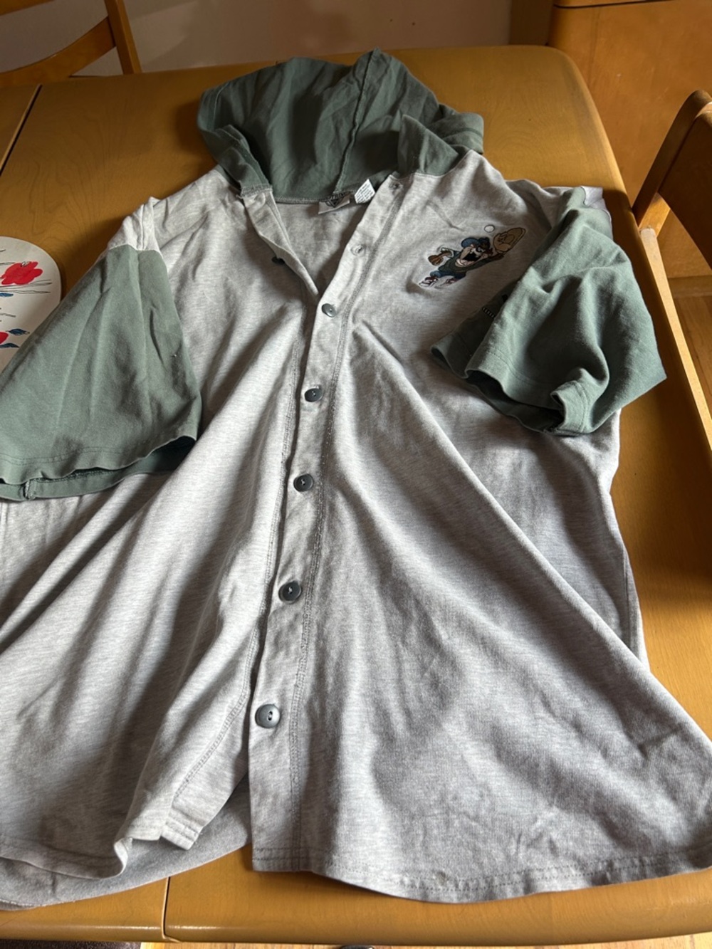 Vintage looney tunesGrey and Olive Hooded Button-Up Shirt with taz